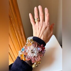 Butler & Wilson Multi-colored Crystal Flowers on Brown Leather Cuff